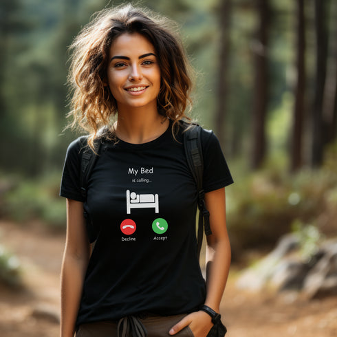 Introducing the ultimate t-shirt for all those who love their bed more than anything else - the My Bed Is Calling tee! Featuring a hilarious stick figure lying in bed, this tee is the perfect way to show off your love for all things cool and comfortable.